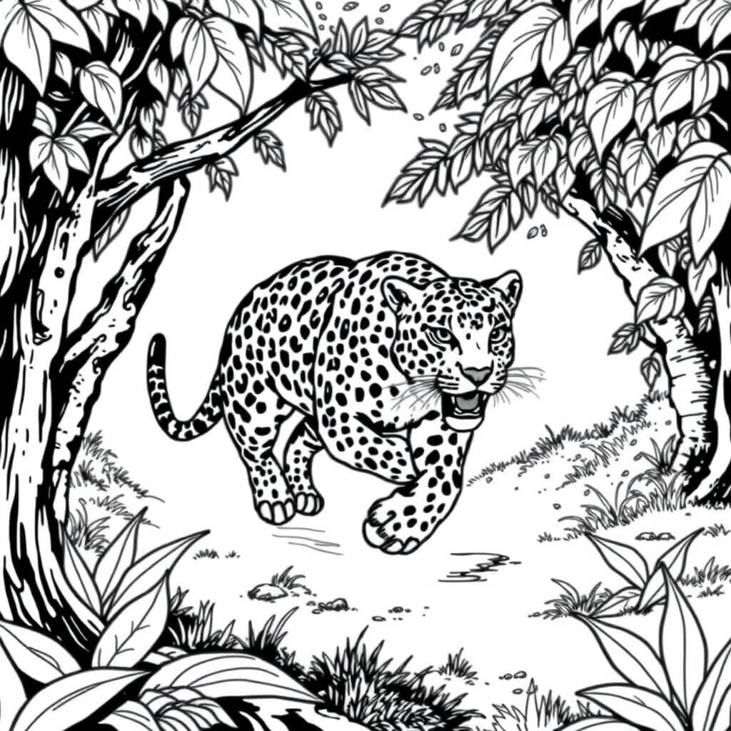 Jaguar Running in the Forest Coloring Page