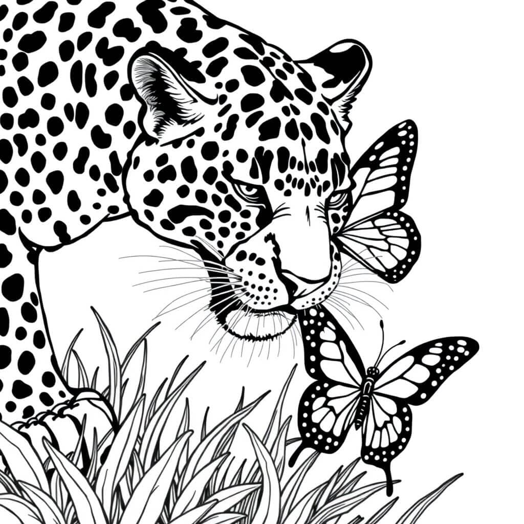 Jaguar with Butterflies Coloring Page