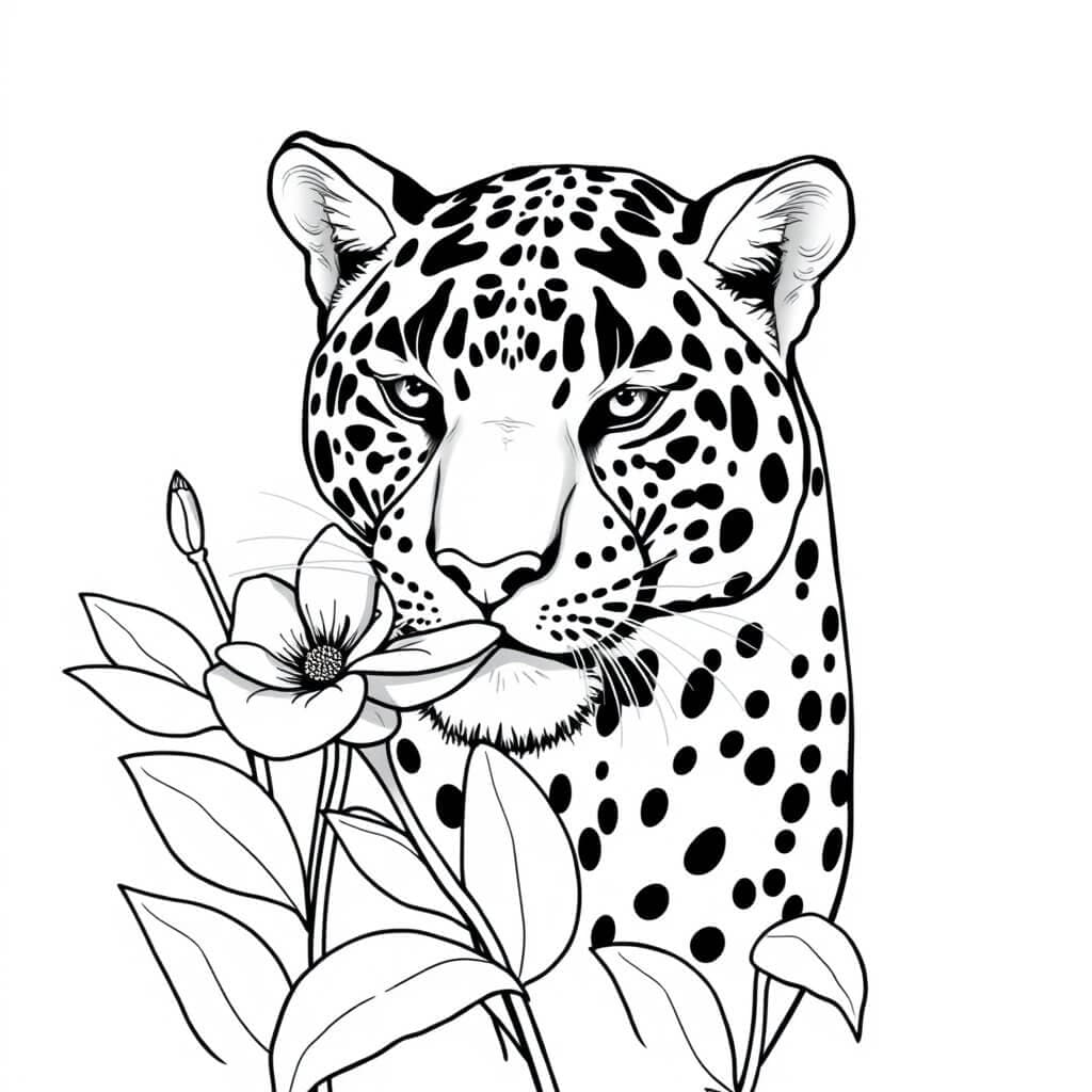 Jaguar with Flower Coloring Page