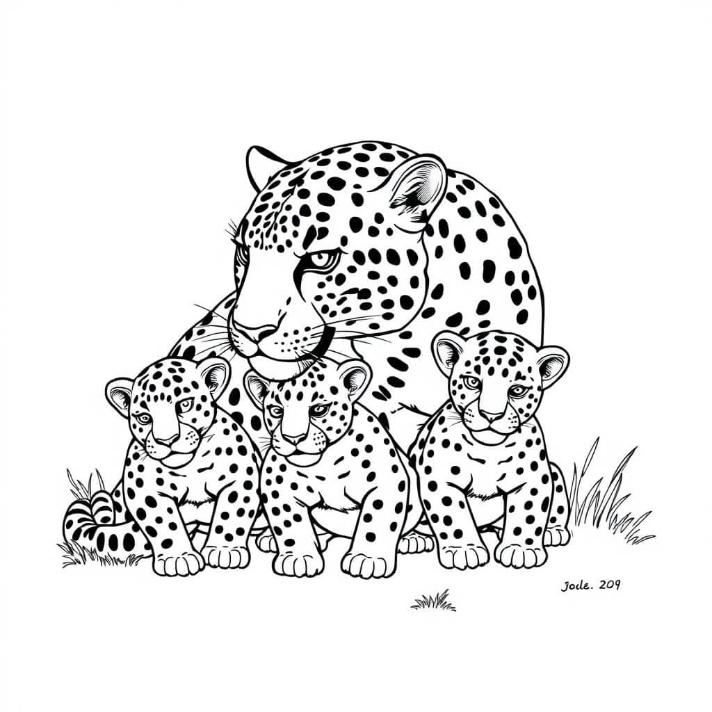 Mother Jaguar with Cubs Coloring Page
