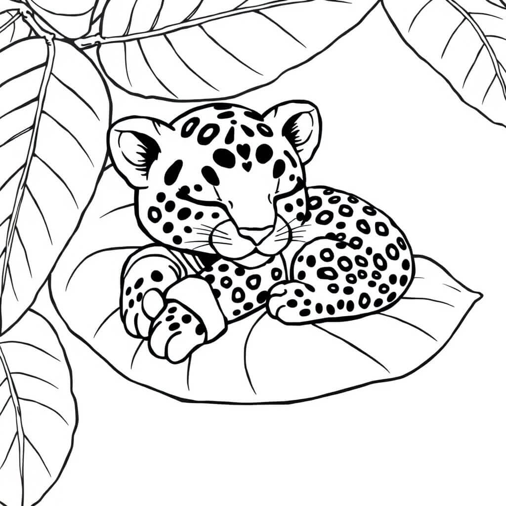 Sleeping Jaguar Cub on Leaf Coloring Page
