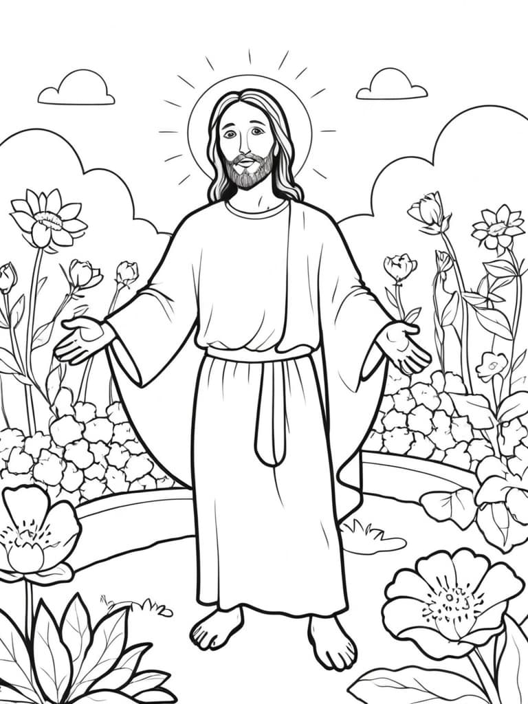 Jesus in a Flower Garden Coloring Page
