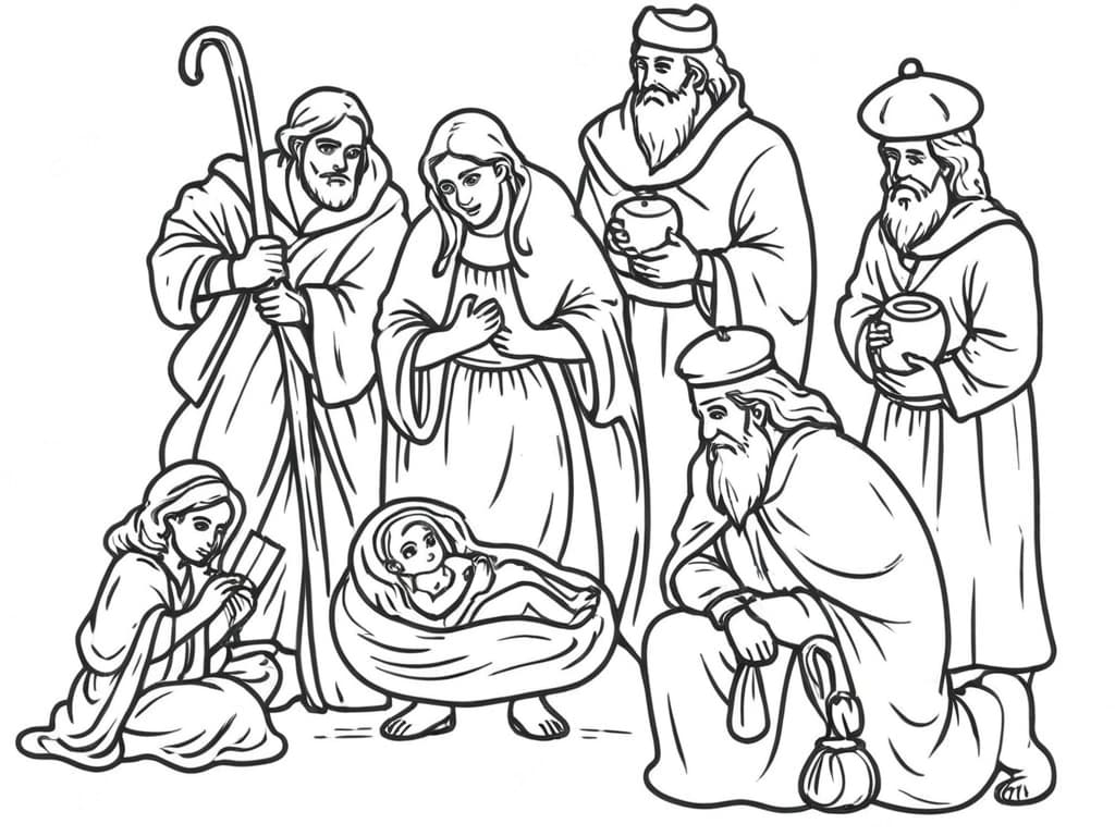 Nativity with the Three Kings Coloring Page