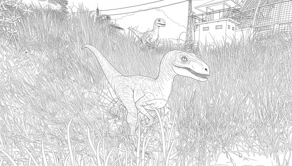 Jurassic Park dinosaurs in the meadow coloring page