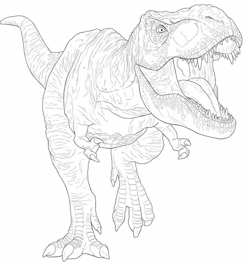 Jurassic Park Rex fighting pose coloring page
