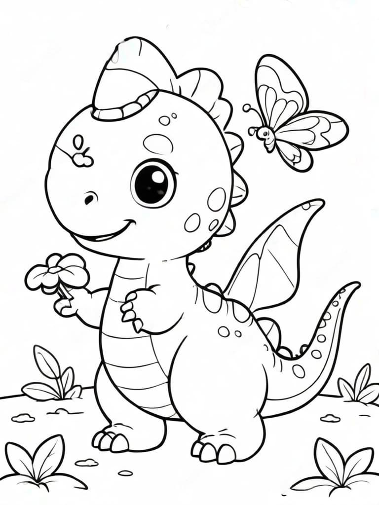 Dinosaur with a Flower Coloring Page
