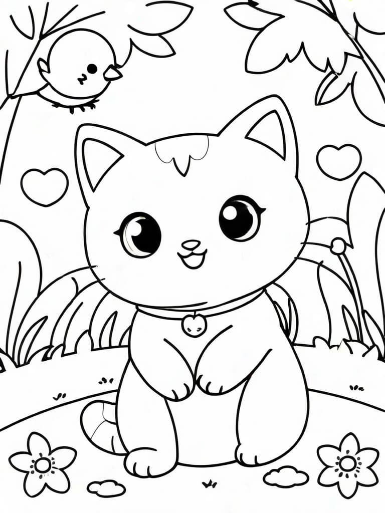 Kitten in a Magic Garden Coloring Page