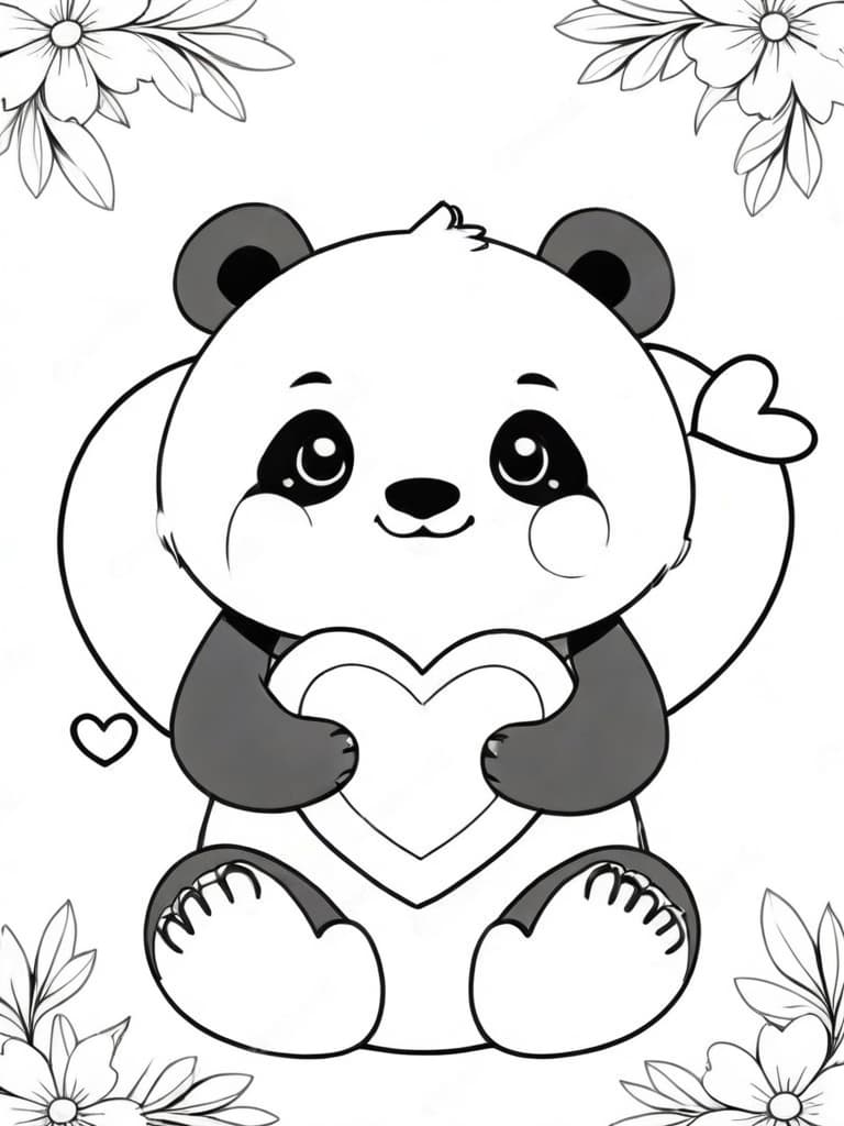 Panda with Hearts Coloring Page