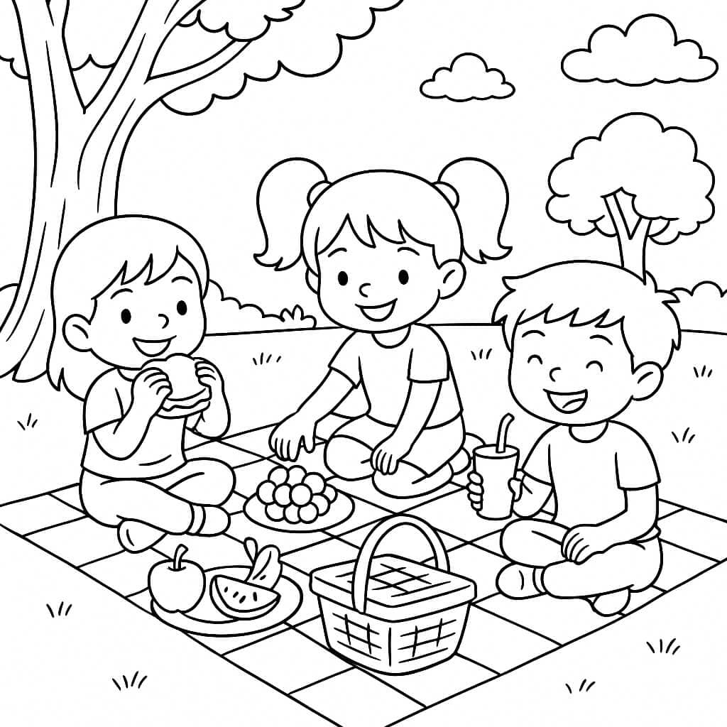 Kids at a Picnic - Coloring Page