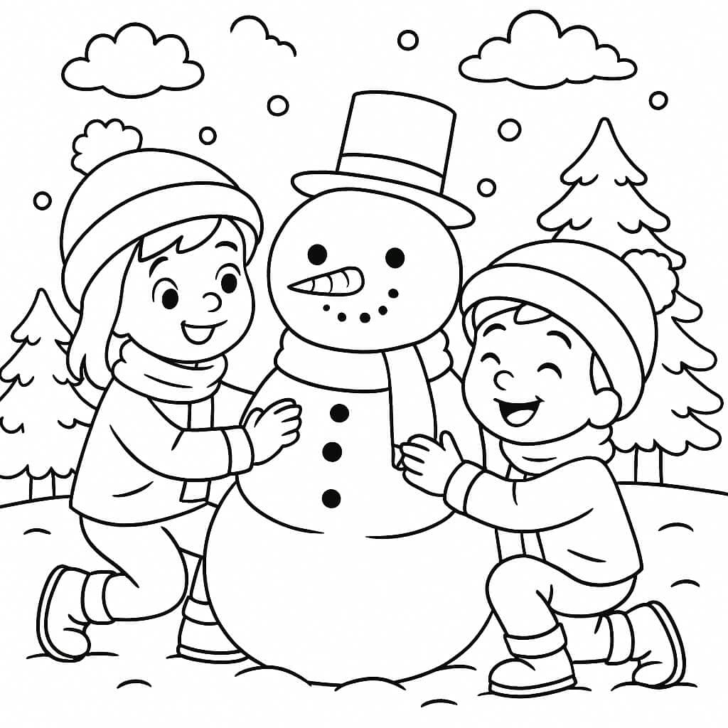 Kids Building a Snowman - Coloring Page