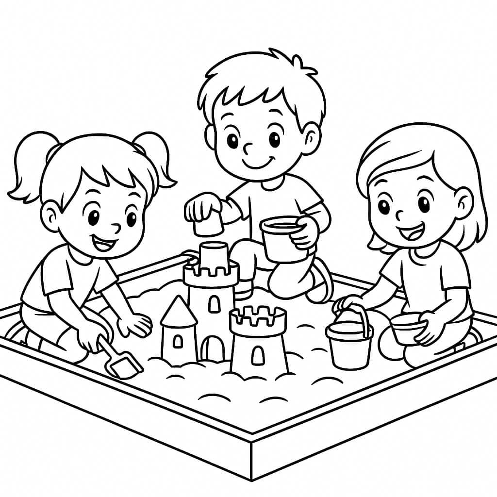 Kids Building Sandcastles - Coloring Page