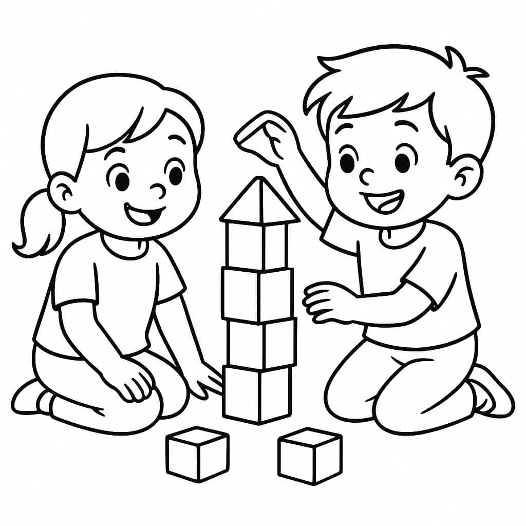Kids Building with Blocks - Coloring Page