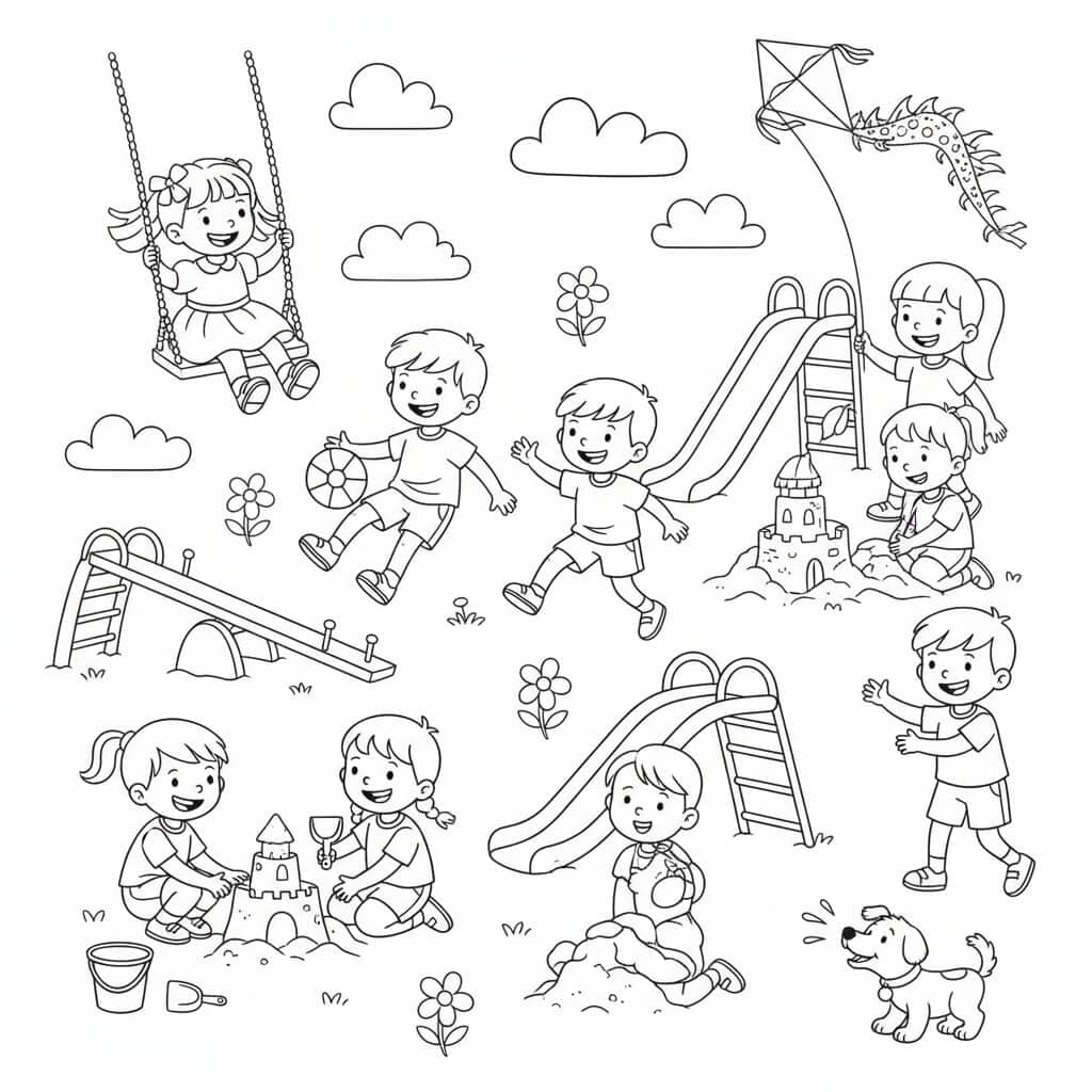 Kids Doing Play Activities - Coloring Page