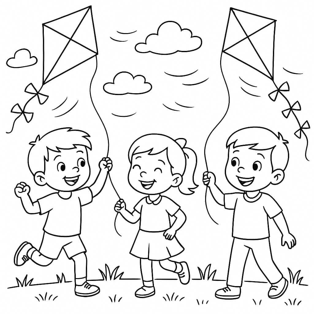 Kids Flying a Kite - Coloring Page