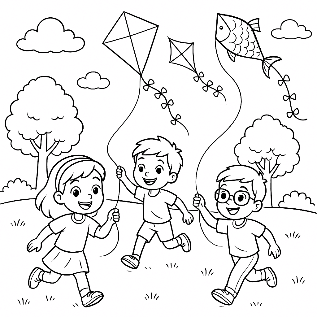 Kids Flying Kites - Coloring Page