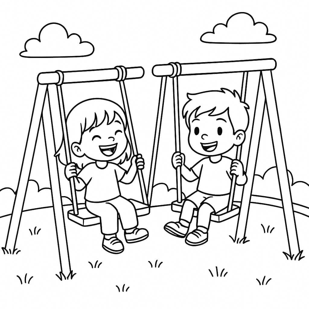 Kids on a Swing - Coloring Page