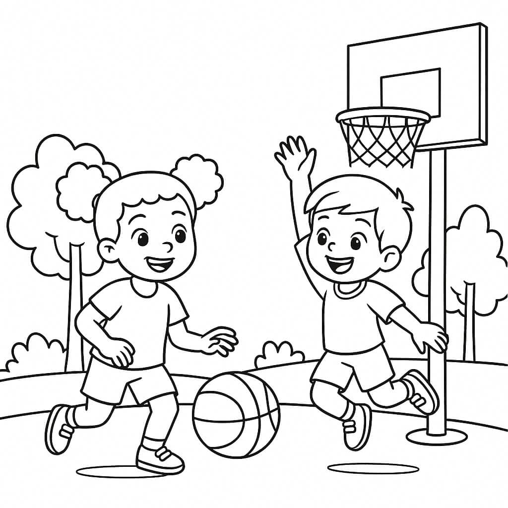 Kids Playing Basketball - Coloring Page