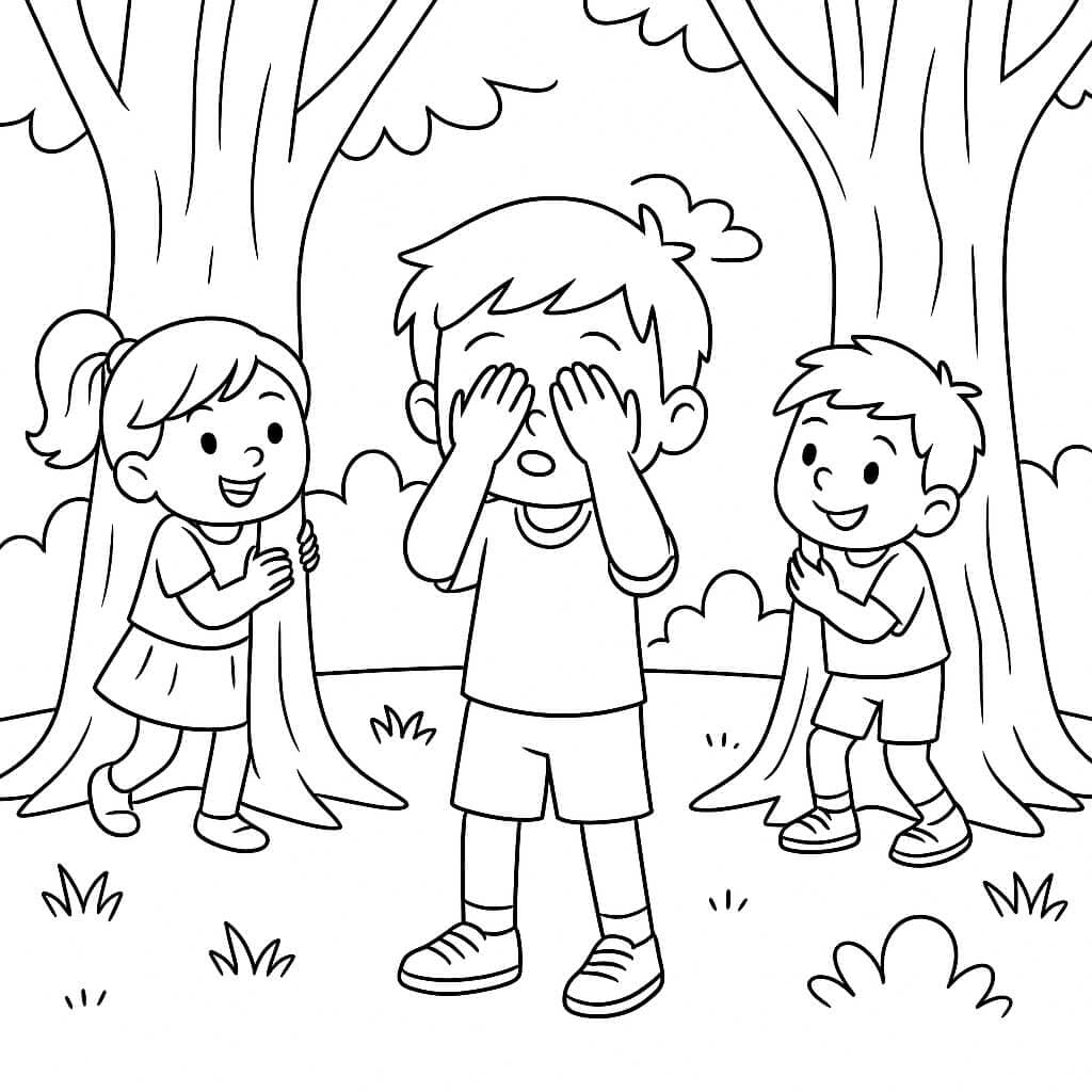 Kids Playing Hide and Seek - Coloring Page