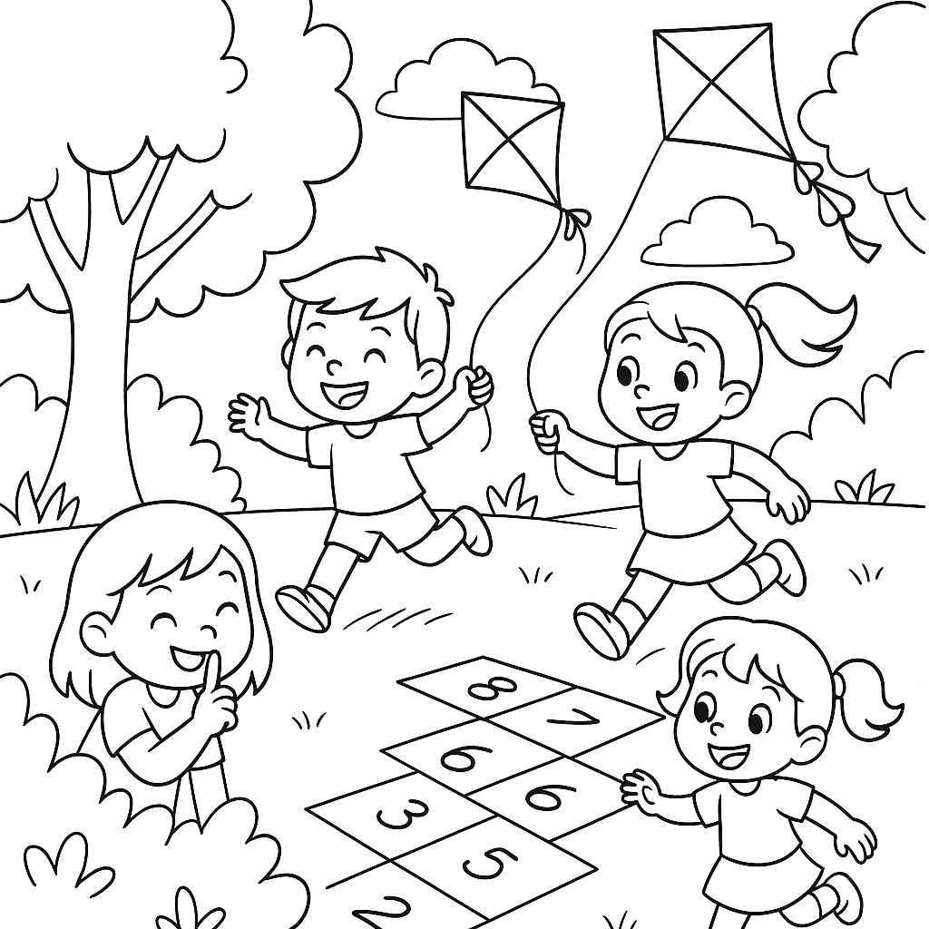 Kids Playing in the Garden - Coloring Page