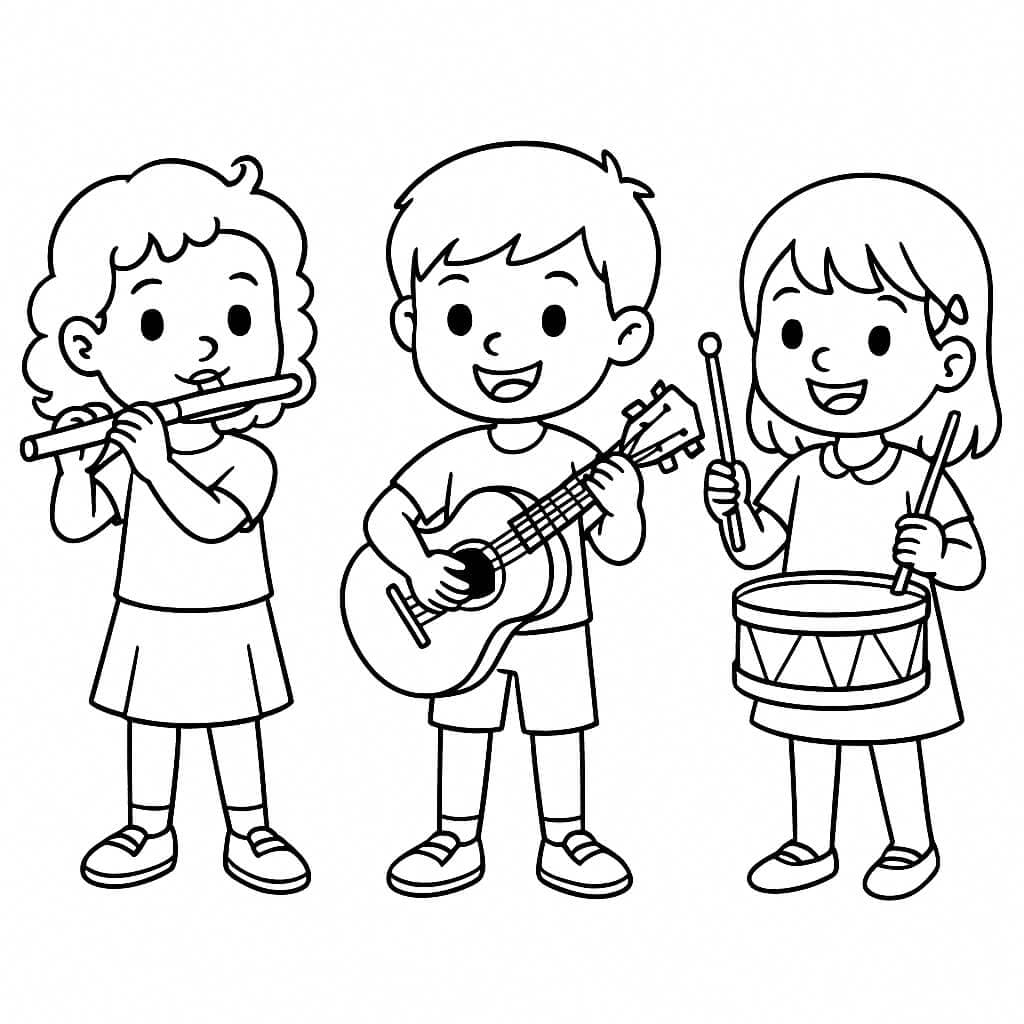 Kids Playing Musical Instruments - Coloring Page
