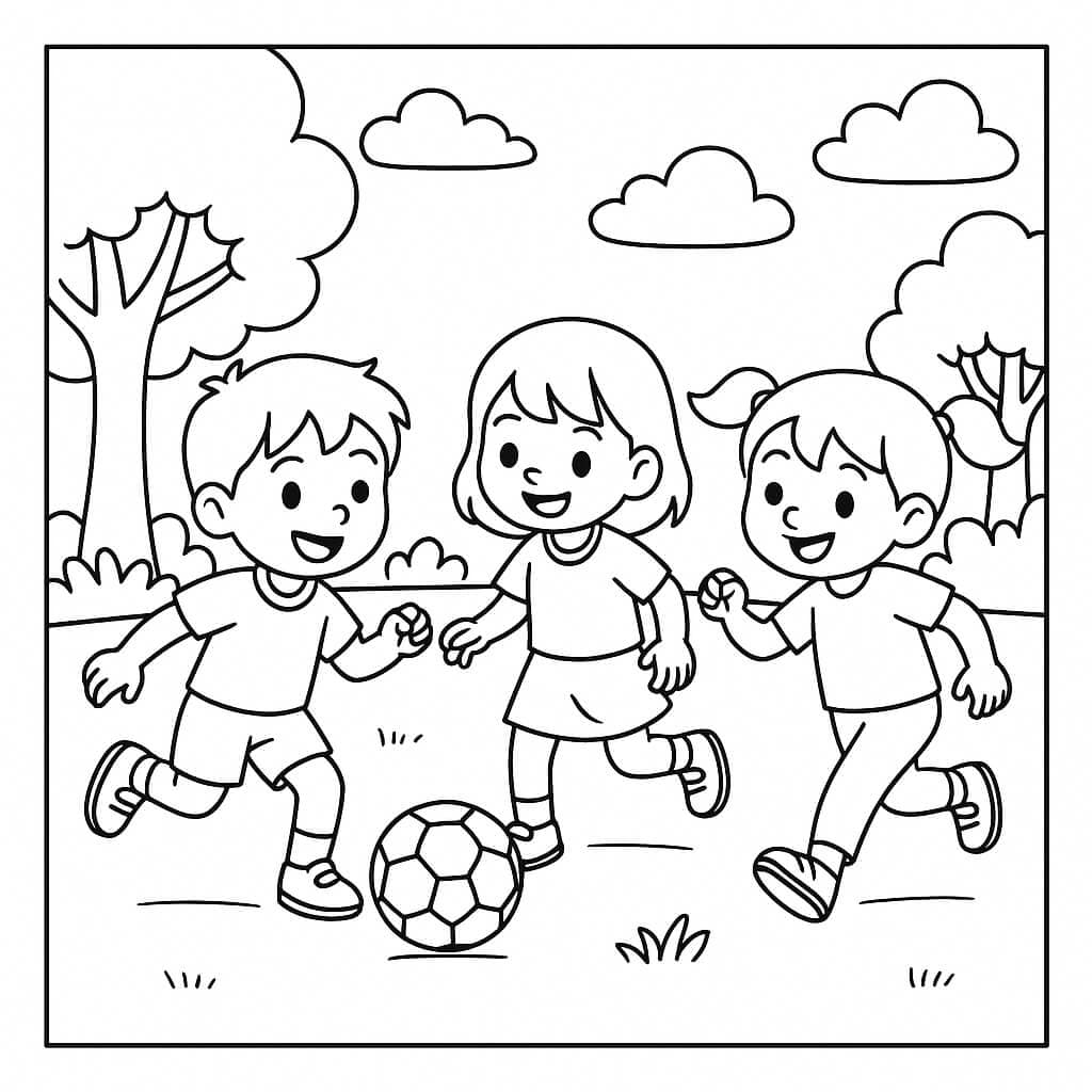 Kids Playing Soccer - Coloring Page
