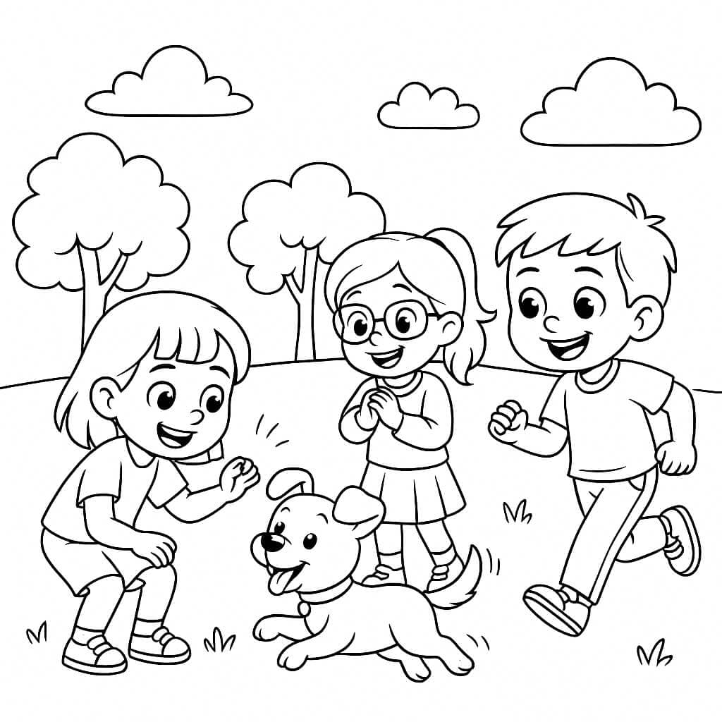 Kids Playing with a Dog - Coloring Page