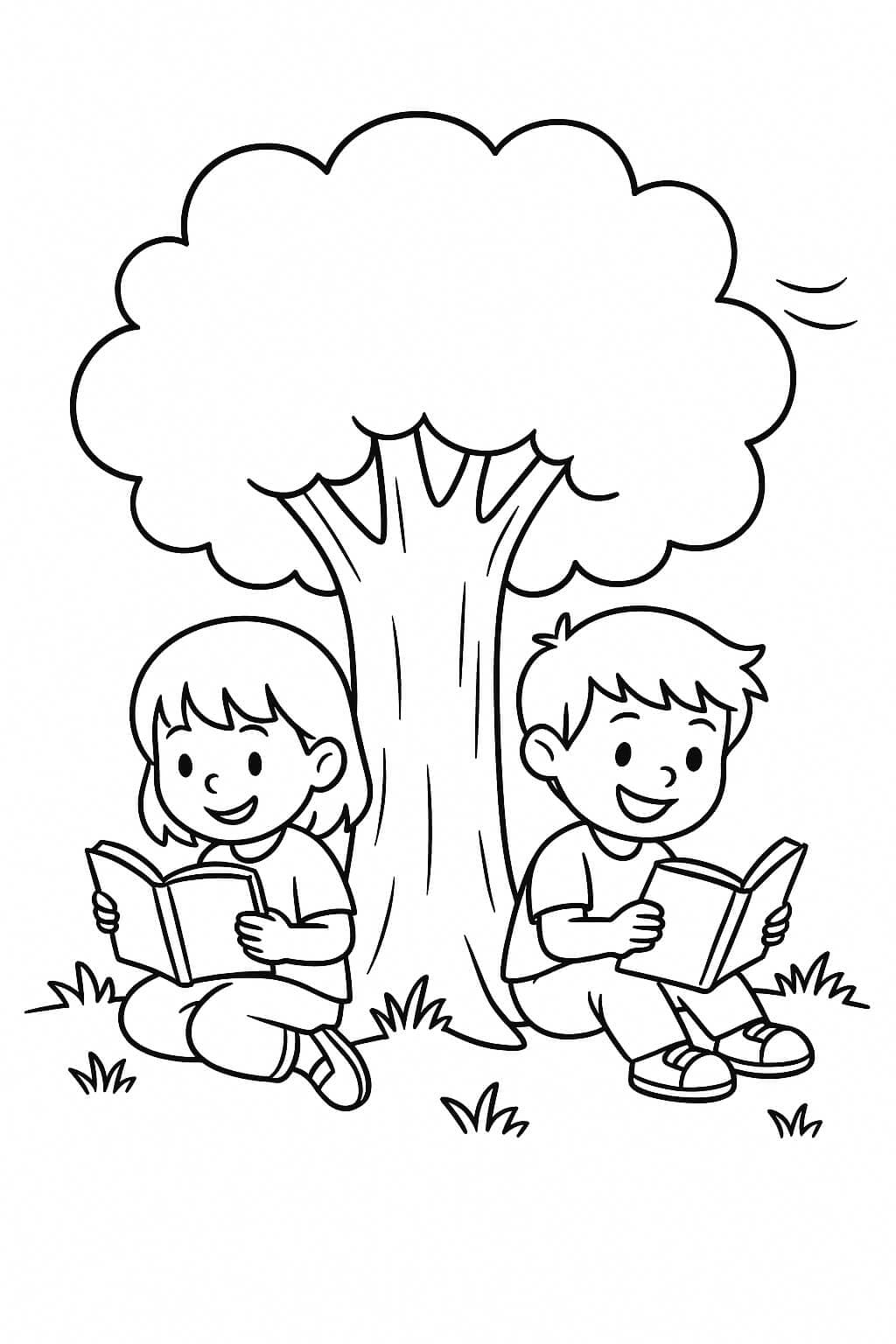 Kids Reading Books in the Shade - Coloring Page