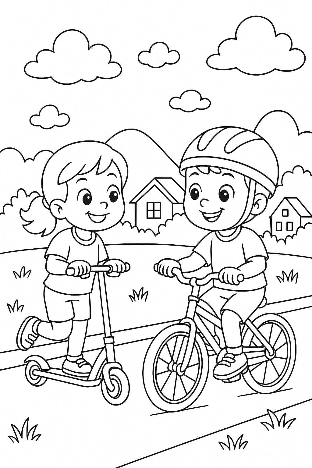 Kids Riding Bikes and Scooters - Coloring Page