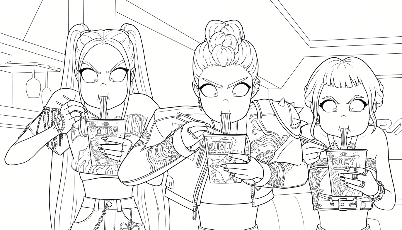 KPop Demon Hunters eating coloring page