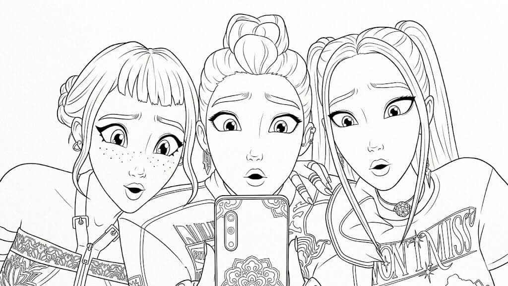 KPop Demon Hunters with phone coloring page