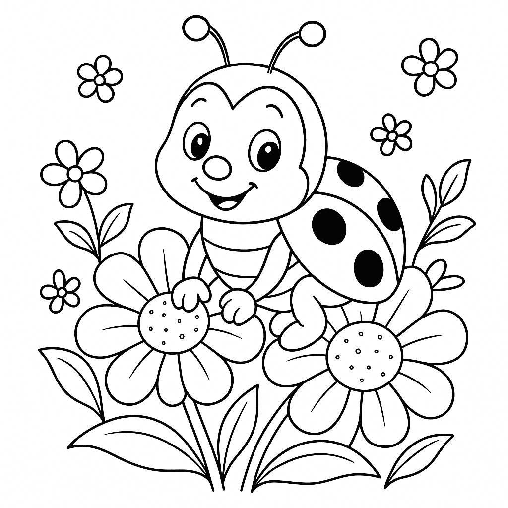 Ladybird with Flowers Coloring Page