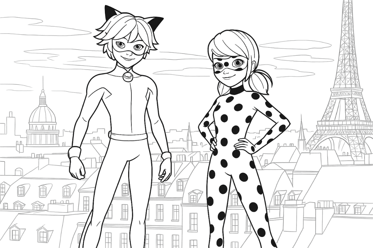Ladybug and Cat Noir in Paris Coloring Page