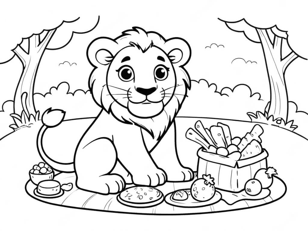 Lion at a Picnic Coloring Page