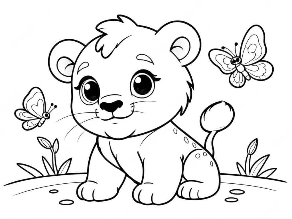 Lion Cub with Butterflies Coloring Page