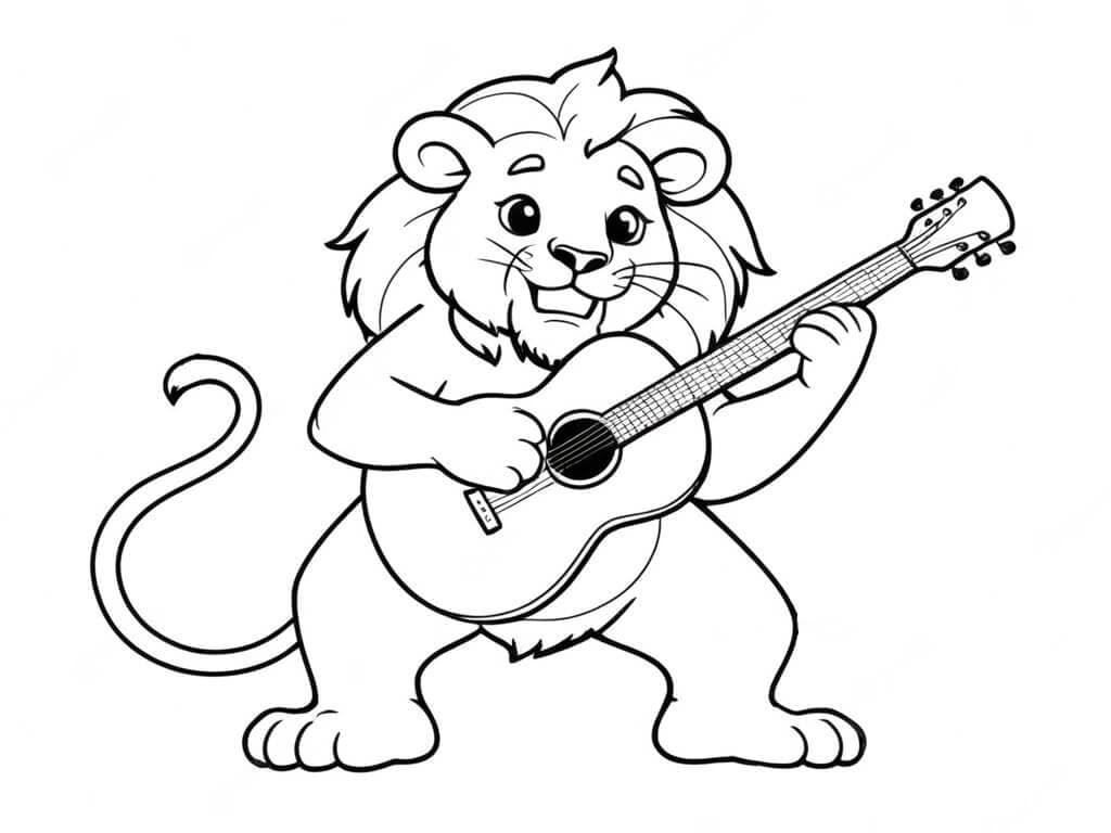 Lion Playing Guitar Coloring Page