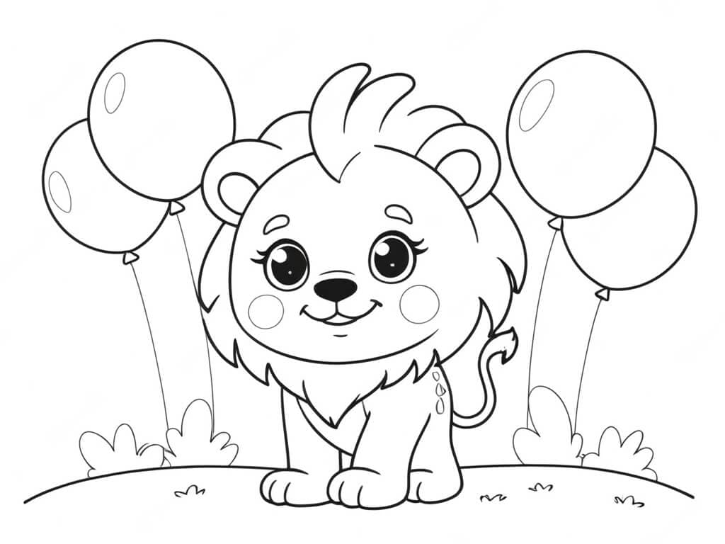 Lion with Balloons Coloring Page