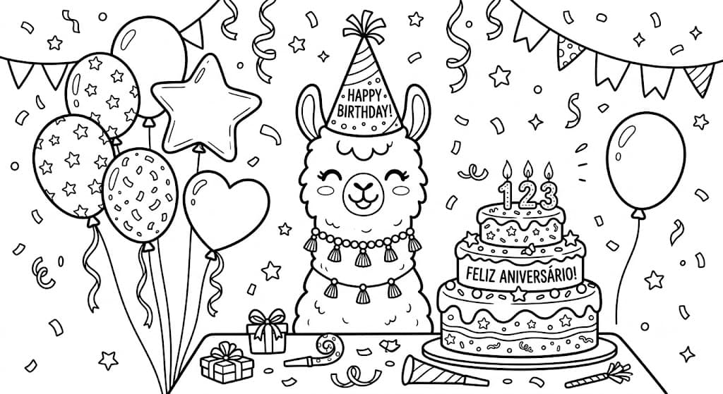 Birthday Llama Coloring Page