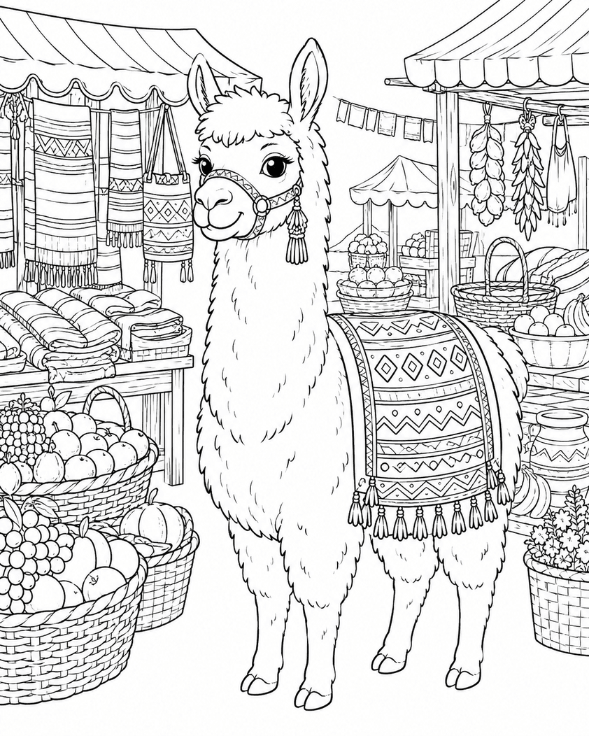 Llama at the Market Coloring Page