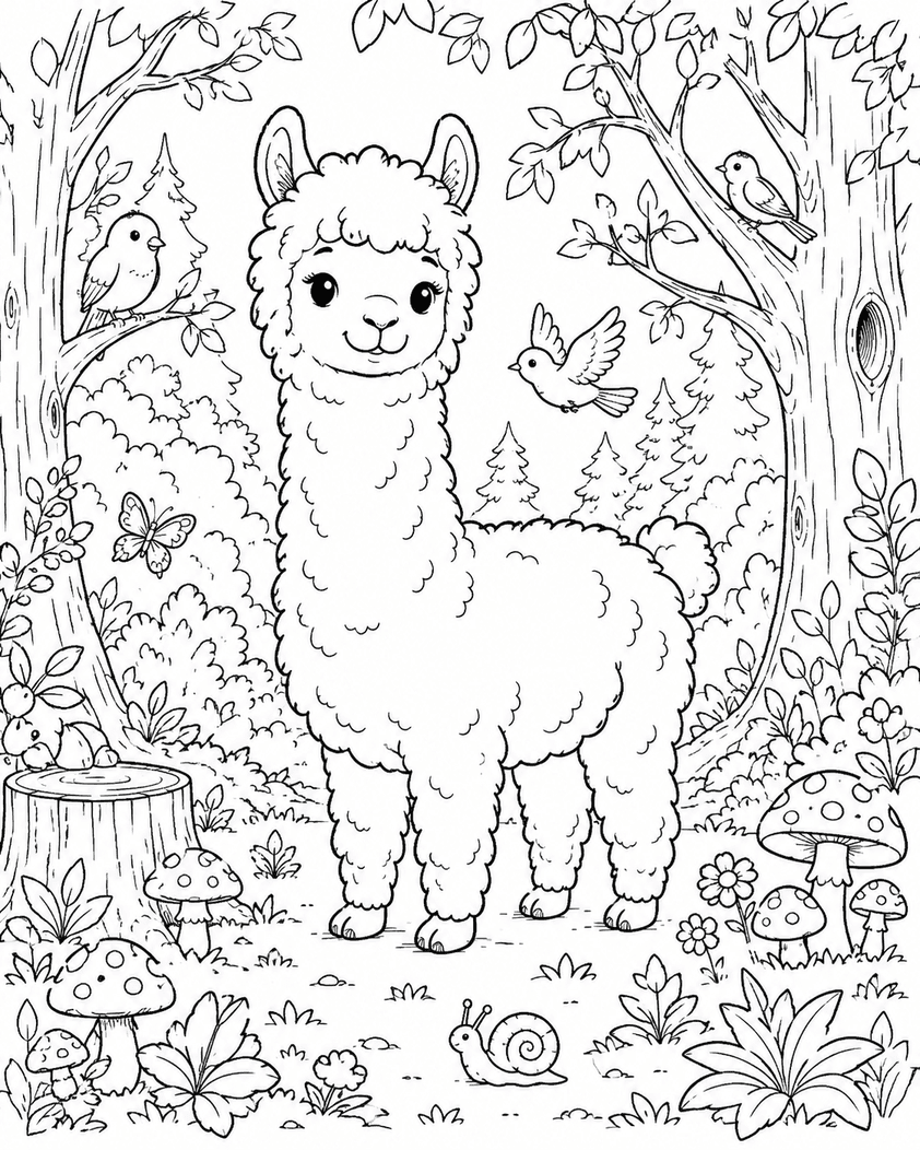 Llama in the Forest Coloring Page