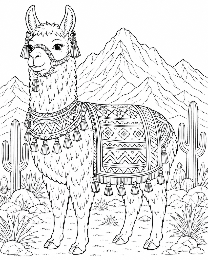 Llama in the Mountains Coloring Page
