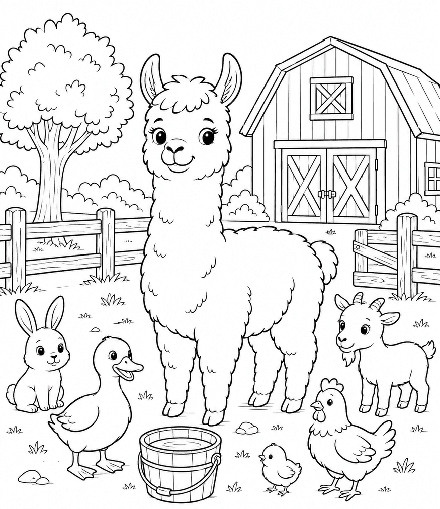 Llama on the Farm Coloring Page