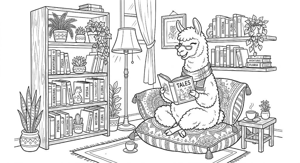 Llama Reading Coloring Page