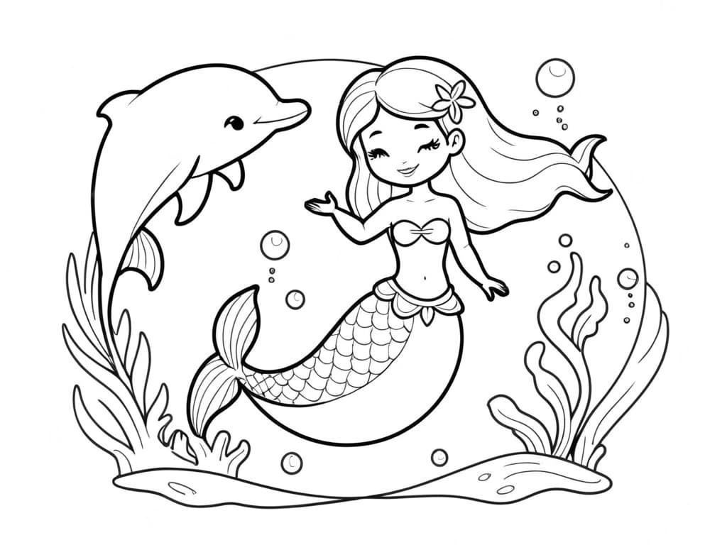 Mermaid and Dolphin Coloring Page (Version 2)