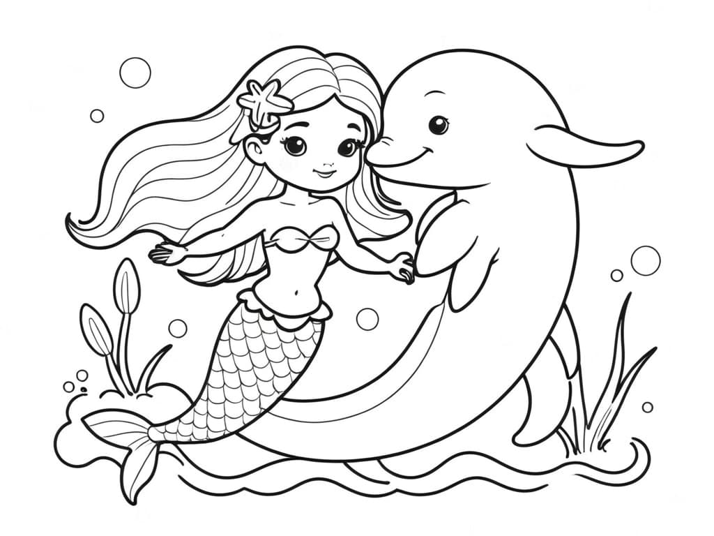 Mermaid and Dolphin Coloring Page