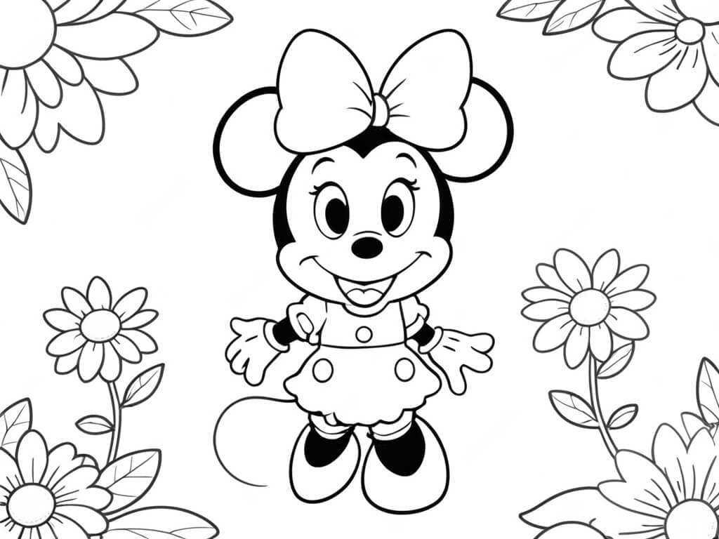 Minnie Mouse in a Flower Field Coloring Page