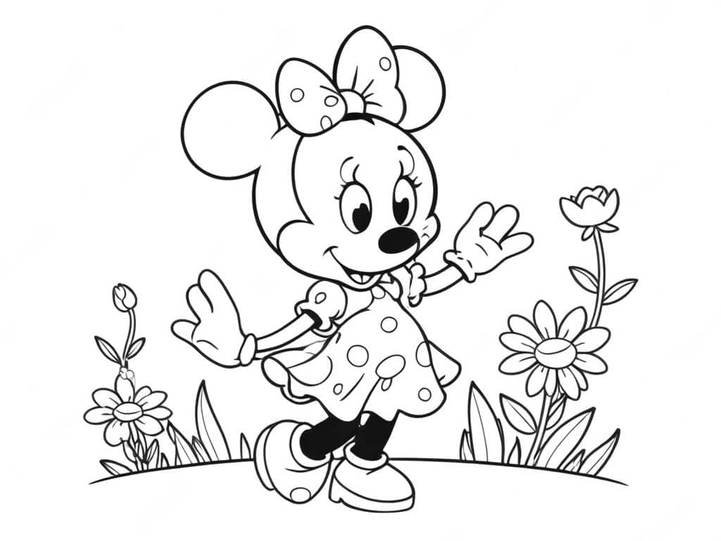 Minnie Mouse with Flowers Coloring Page