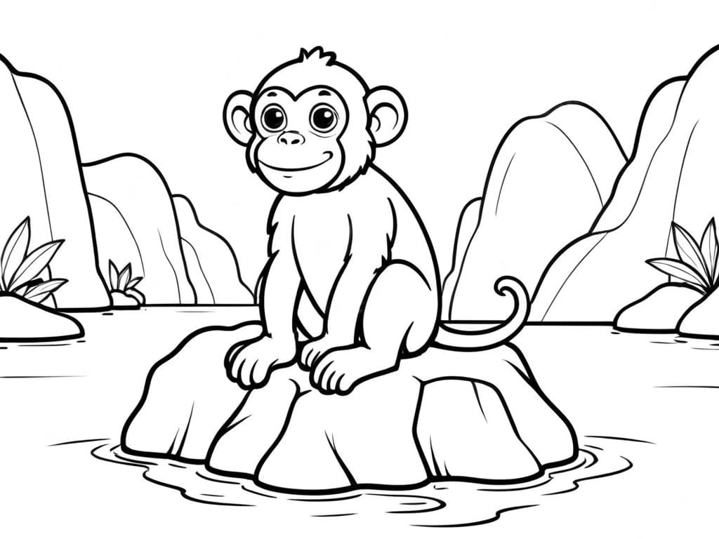 Monkey on a Rock in the River Coloring Page