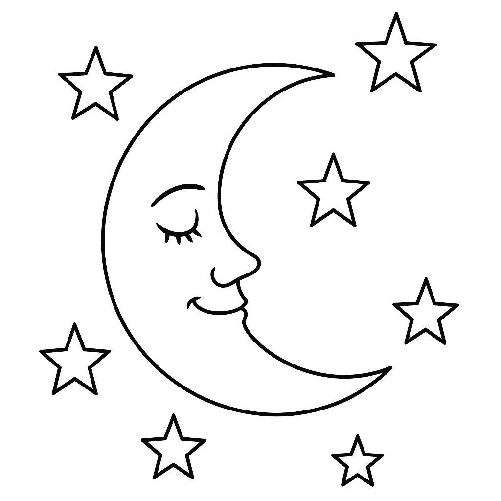 Moon with stars coloring page