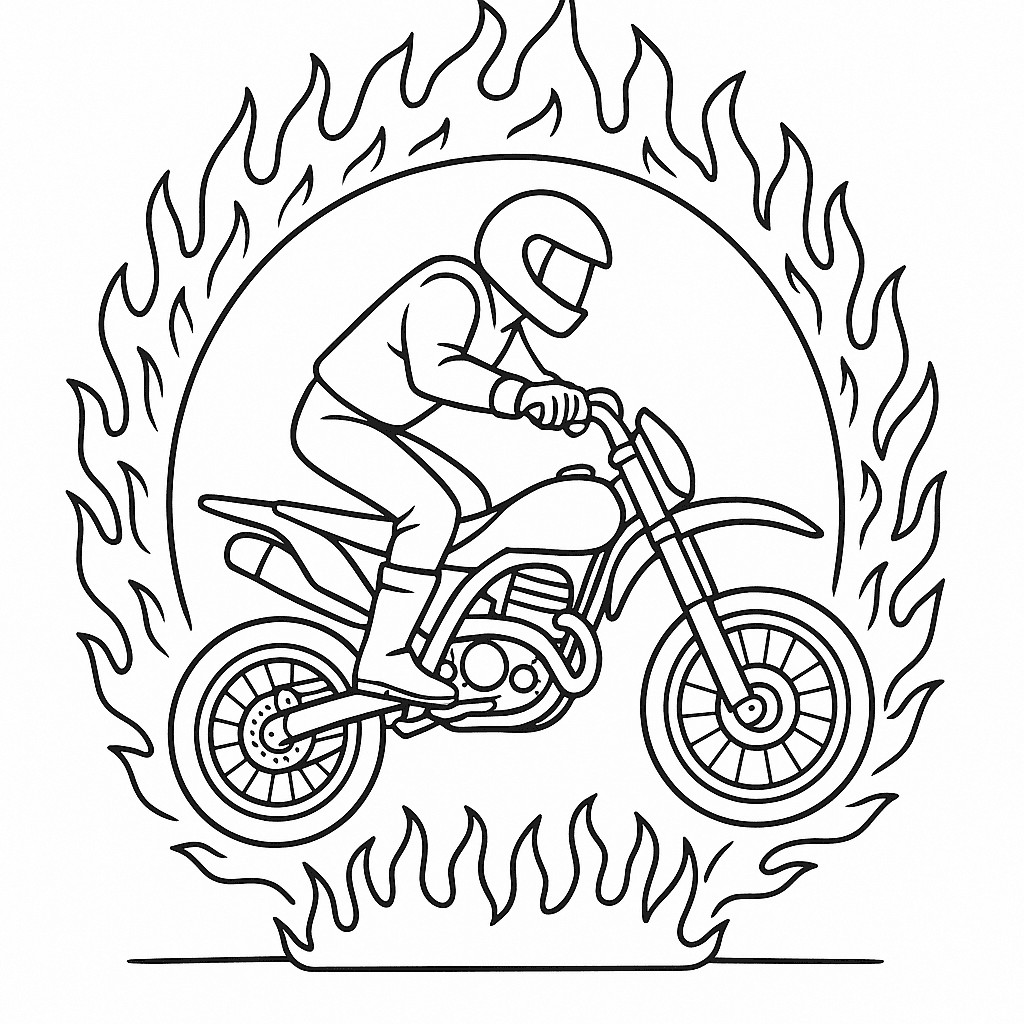 Biker with fire arch coloring page