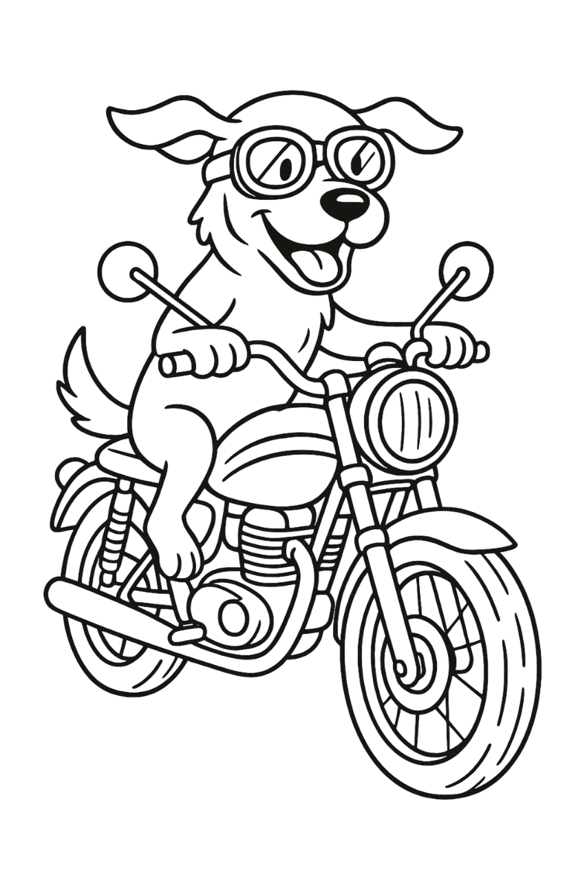 Dog on motorcycle coloring page